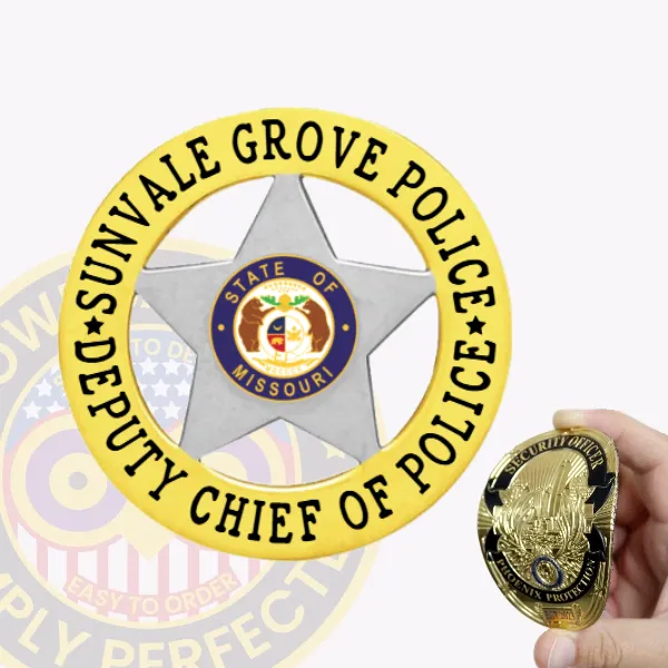 The badge depicted in this image is a custom design showcasing a silver 5-pointed star in the center, framed by a circular gold banner stating "SUNVALE GROVE POLICE" above and "DEPUTY CHIEF OF POLICE" below. The Missouri state seal is prominently featured in the middle, emphasizing its significance. Ideal for the deputy chief of Sunvale Grove Police, this badge includes a velcro attachment for secure display.