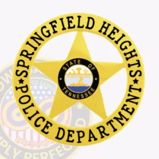 This image showcases a custom gold flex badge featuring a prominent 5-point star at its center, encircled by a circular banner. The text "SPRINGFIELD HEIGHTS" arcs across the top, while "POLICE DEPARTMENT" is displayed along the bottom. The central area features the Tennessee state seal, symbolizing law enforcement pride. Designed for Springfield Heights Police, this badge includes a velcro attachment for easy wear.