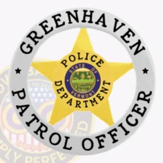 The image presents a striking custom gold 5-point star metal badge surrounded by a silver circle banner that states "greenhaven patrol officer. " the badge's center features the vermont state seal, symbolizing authority and service. With a safety pin attachment, this design is ideal for greenhaven police patrol officers in their duties.