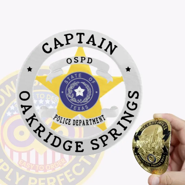 Custom gold 5 point star in silver circular banner flex badge for Oakridge Springs police Captain, featuring a central blue Texas state seal and black lettering reading "CAPTAIN" on top and "OAKRIDGE SPRINGS" around the edge, with velcro attachment.