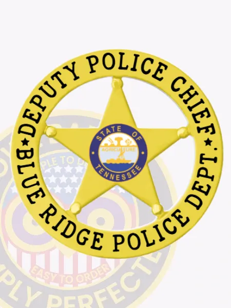 The badge depicted in this image is a custom gold metal design featuring a 5 pointed star at its center, framed by a circular banner stating "DEPUTY POLICE CHIEF" above and "BLUE RIDGE POLICE DEPT" below. The Tennessee state seal is prominently displayed in the center, emphasizing its importance. Ideal for the deputy chief of the Blue Ridge Police, this badge includes a safety pin attachment for secure display.