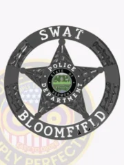 Showcased here is a custom black metal badge for Bloomfield police Swat unit, highlighting a striking 5-point star at its core. The badge is framed by a circular banner that reads "SWAT" at the top and "BLOOMFIELD" at the bottom, with "POLICE DEPARTMENT" prominently featured in the center. A safety pin attachment allows for convenient wear.