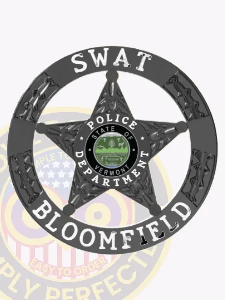 Showcased here is a custom black metal badge for Bloomfield police Swat unit, highlighting a striking 5-point star at its core. The badge is framed by a circular banner that reads "SWAT" at the top and "BLOOMFIELD" at the bottom, with "POLICE DEPARTMENT" prominently featured in the center. A safety pin attachment allows for convenient wear.
