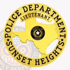 This custom texas metal badge for sunset heights police lieutenant features a striking gold design with a prominent shape of the state of texas at its center. Encircled by a bold circular banner, the badge displays "sunset heights police department" and "lieutenant," signifying rank. A safety pin attachment on the back ensures secure and easy fastening.