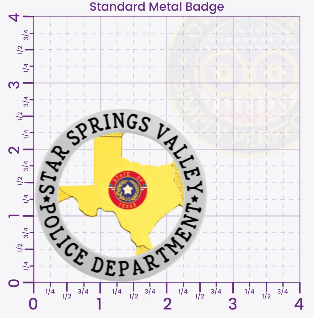 20-TX2 Custom Badges And Design, Create, Build and Order Custom Badges Personalized Badges Officer Badges Star Springs Valley Police Silver Badges 2.625 Standard
