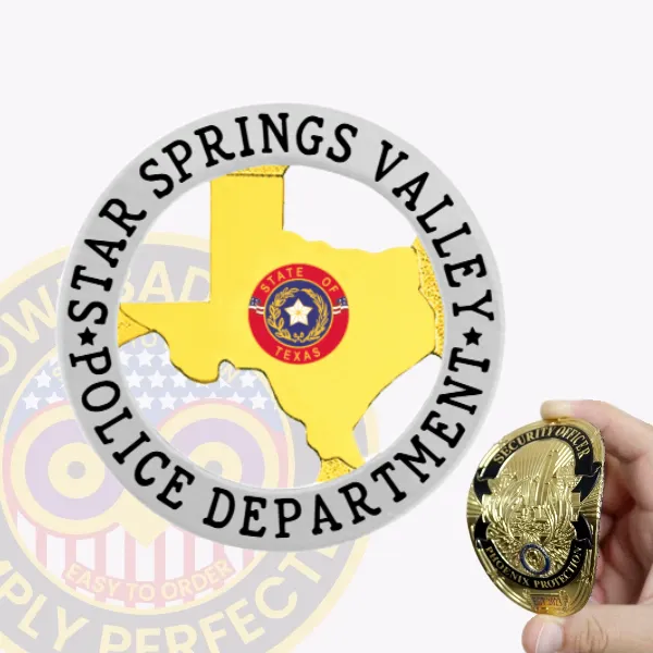 This custom Texas flex badge for Star Springs Valley police features a striking gold shape of Texas at its center. Surrounded by a silver circular banner, the badge proudly displays the text "STAR SPRINGS VALLEY POLICE DEPARTMENT" around the edge. A velcro attachment on the back ensures secure and easy wearing.
