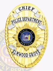 This custom metal badge in gold features elegant silver panels, prominently displaying the title "CHIEF" at the top in bold black letters. The center showcases a circular emblem with "STATE OF NEW YORK," surrounded by decorative elements. Below, "POLICE DEPARTMENT" and "ELMWOOD GROVE" are clearly inscribed. A safety pin attachment ensures secure wear on uniforms.