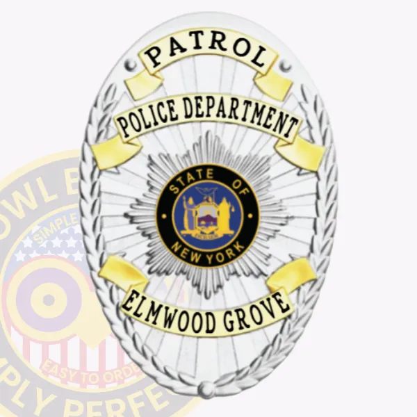 Featuring a custom metal badge in silver with golden panels, this design showcases "PATROL" prominently at the top in dark lettering against a shiny background. The center highlights a circular emblem for the "STATE OF NEW YORK," adorned with gold elements, alongside "POLICE DEPARTMENT" and "ELMWOOD GROVE." The safety pin attachment allows for reliable fastening to any uniform.