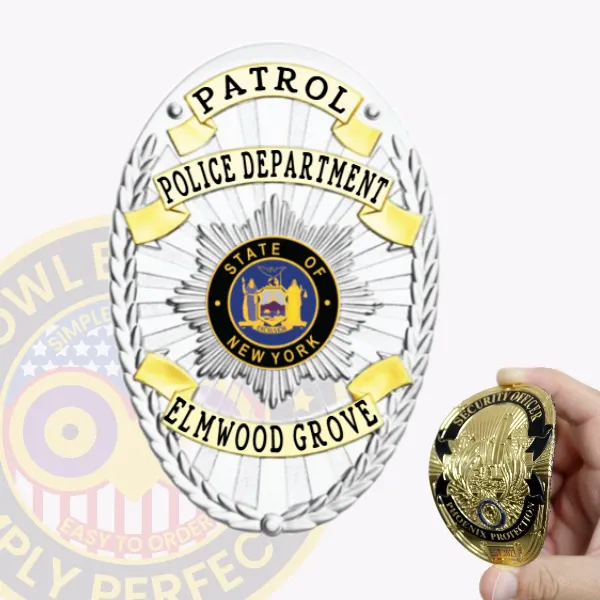 This eye-catching custom flex badge in silver prominently displays "PATROL" at the top in bold black font, enhanced by stylish gold panels. The center includes the emblem for the "STATE OF NEW YORK," surrounded by decorative elements, with "POLICE DEPARTMENT" and "ELMWOOD GROVE" inscribed below. The velcro attachment ensures it can be securely affixed to uniforms with ease.