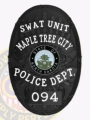 This striking custom metal badge in black displays "SWAT UNIT" prominently at the top in bold white font. The center features a circular emblem showcasing the "STATE OF NORTH DAKOTA," surrounded by decorative accents, with "MAPLE TREE CITY," "POLICE DEPT.," and "094" inscribed below. A safety pin attachment ensures it can be securely affixed to uniforms with ease.