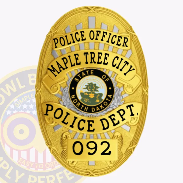 This stylish custom metal badge in gold, enhanced with silver accents, showcases "POLICE OFFICER" at the top in bold black text, offering a striking visual appeal. The center features a circular emblem displaying the "STATE OF NORTH DAKOTA," flanked by decorative silver elements, with "MAPLE TREE CITY," "POLICE DEPT.," and "092" displayed below. A safety pin attachment provides secure and practical wear during duty.