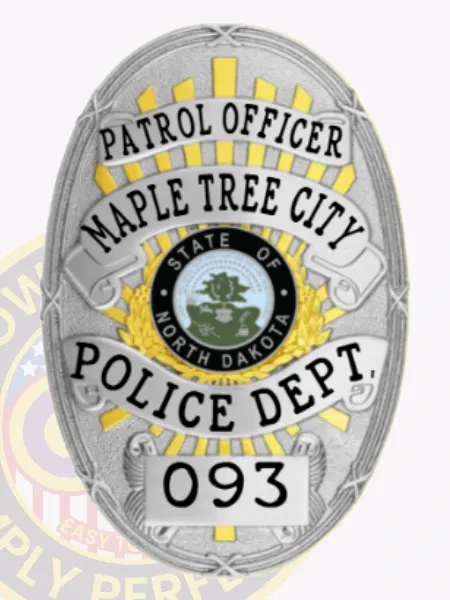 A striking custom metal badge in silver with gold accents highlights "PATROL OFFICER" at the top in prominent black text, providing a sharp contrast. The center features a detailed emblem representing the "STATE OF NORTH DAKOTA," encircled by gold embellishments, with "MAPLE TREE CITY," "POLICE DEPT.," and "093" elegantly arranged below. The safety pin attachment offers practical and reliable fastening.