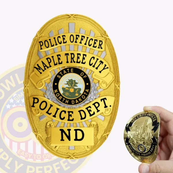 Featuring a custom flex badge in gold with silver accents, this design presents "POLICE OFFICER" at the top in striking black font. The center includes a detailed emblem for the "STATE OF NORTH DAKOTA," with "MAPLE TREE CITY," "POLICE DEPT.," and "ND" elegantly arranged below. A reliable velcro attachment allows for secure fastening to any uniform.