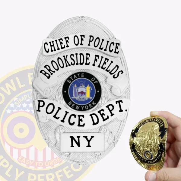 A sleek custom flex badge in silver highlights "CHIEF OF POLICE" at the top in striking black text, creating a strong visual impact. The center features an emblem representing the "STATE OF NEW YORK," flanked by decorative accents, with "BROOKSIDE FIELDS," "POLICE DEPT.," and "NY" elegantly arranged below. The velcro attachment provides practical and reliable fastening.