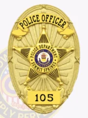 Polished gold custom metal badge displaying the title "POLICE OFFICER" at the top in bold letters. The intricate star design features "POLICE DEPARTMENT" surrounding the Colorado state emblem and "SUMMIT SPRINGS," with the number "105" at the bottom, secured by a sturdy safety pin attachment for easy fastening.