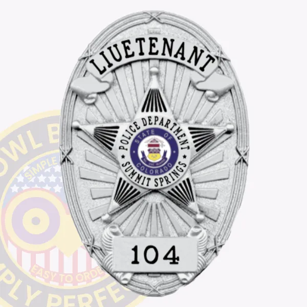 Polished silver custom metal badge displaying the title "LIEUTENANT" at the top in bold black letters. The badge features an intricate star design, with "POLICE DEPARTMENT" encircling the Colorado state seal and "SUMMIT SPRINGS," along with the number "104" at the bottom. It includes a safety pin attachment for secure and convenient wear.