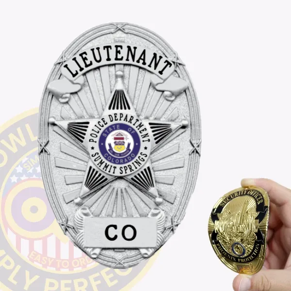 Silver custom flex badge featuring the title "LIEUTENANT" prominently displayed at the top. The badge showcases a detailed star design with the words "POLICE DEPARTMENT" surrounding the state seal of Colorado and "SUMMIT SPRINGS" etched in the center. It includes a velcro attachment for easy wear.