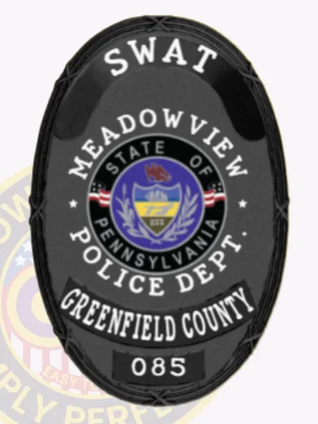 This custom metal badge in black features a bold design, prominently displaying "SWAT" at the top. The center showcases a circular emblem with "MEADOWVIEW POLICE DEPT.," the state seal of Pennsylvania, and "GREENFIELD COUNTY," while the number "085" is highlighted below, all securely attached with a safety pin for easy wear.
