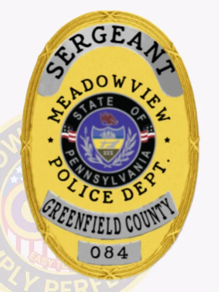A polished custom metal badge in gold incorporates striking silver panels, reading "SERGEANT" elegantly at the top. The badge includes a central design featuring "MEADOWVIEW POLICE DEPT." and the Pennsylvania state insignia, along with "GREENFIELD COUNTY" and "084," designed for convenience with a safety pin attachment.