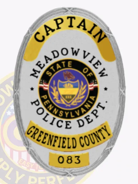 This stylish custom metal badge in silver highlights a refined design with gold panels. It prominently features "CAPTAIN" at the top, while the center displays a circular badge that includes "MEADOWVIEW POLICE DEPT.," the state seal of Pennsylvania, and "GREENFIELD COUNTY," all fastened securely with a safety pin for practical use.