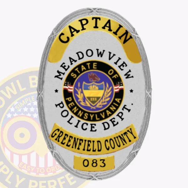 Featuring a sophisticated look, this custom metal badge in silver showcases eye-catching gold panels. The top reads "CAPTAIN," while the center showcases "MEADOWVIEW POLICE DEPT." along with the Pennsylvania state emblem and "GREENFIELD COUNTY," all attached easily with a reliable safety pin closure.