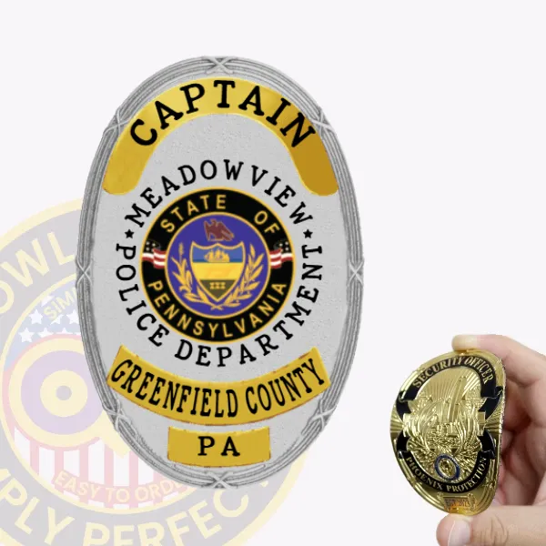 This elegant custom flex badge in silver boasts a striking design adorned with gold panels, prominently displaying "CAPTAIN" at the top. The center features a circular badge with "MEADOWVIEW POLICE DEPARTMENT," the state insignia of Pennsylvania, and "GREENFIELD COUNTY," accompanied by "PA," all secured with a convenient velcro attachment for flexible wear.