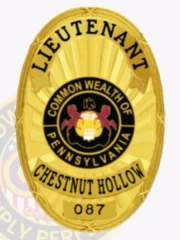 This radiant custom metal badge in gold highlights the word "LIEUTENANT" in prominent black lettering at the top, surrounded by decorative elements that enhance its elegance. The badge's center features the Commonwealth of Pennsylvania's emblem, with "CHESTNUT HOLLOW" and the number "087" inscribed below. A safety pin attachment ensures it stays securely in place on uniforms.