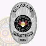 Classic Oval Shield Badge with Sunburst Background, 3 Text Panels, Lined Edge view 1