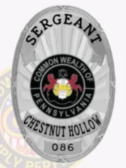 A sleek custom metal badge in silver prominently displays "SERGEANT" across the top in dark lettering, set against a textured background that adds depth. The center features a detailed emblem representing the Commonwealth of Pennsylvania, with "CHESTNUT HOLLOW" and "086" inscribed below. The badge includes a safety pin attachment for easy and secure wear.