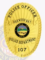 Eye-catching gold custom metal badge showcasing "POLICE OFFICER" prominently at the top in sharp black lettering. The intricate design features "OAKWOOD BAY," "STATE OF OHIO," and a central emblem, as well as "POLICE DEPARTMENT" and the number "107," attached securely with a practical safety pin for convenience.