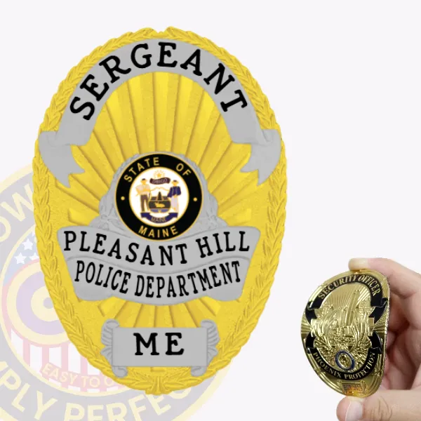 Featuring a polished design, this custom flex badge in gold displays a traditional shape complemented by intricate silver accents. "SERGEANT" is boldly featured at the top in prominent black font. The center houses the Maine emblem, encircled by "PLEASANT HILL POLICE DEPARTMENT." A sturdy velcro attachment ensures secure placement.