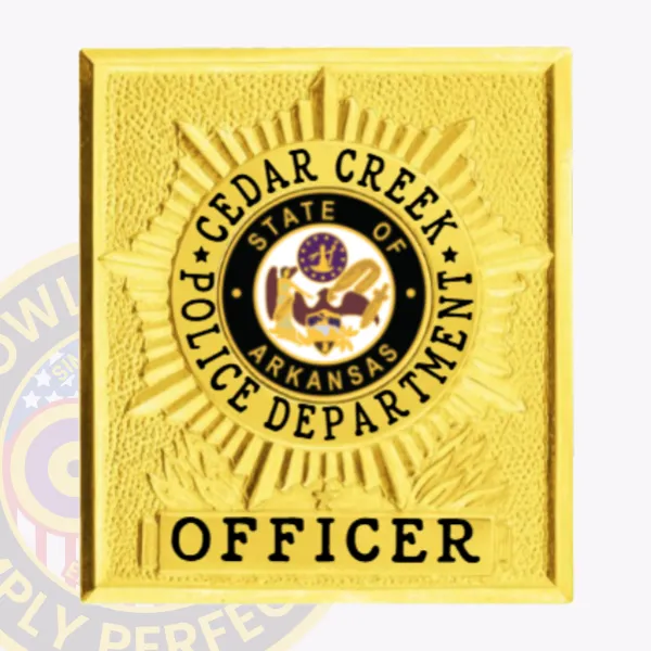 Custom-designed gold starburst flex badge for Cedar Creek police officer, featuring a detailed textured background, a central circular Arkansas state seal in black and gold surrounded by department text in black, and the word "OFFICER" prominently displayed on a gold banner at the base, secured with velcro.