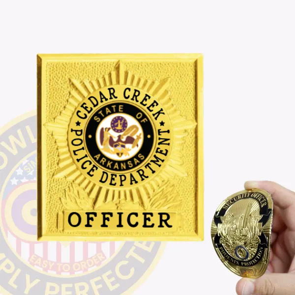 Custom gold starburst square flex badge for Cedar Creek police officer, featuring a textured gold background with a raised starburst design, a circular black and gold Arkansas state seal in the center surrounded by the text "CEDAR CREEK POLICE DEPARTMENT," and "OFFICER" in bold black letters on a gold panel at the bottom, with velcro attachment.
