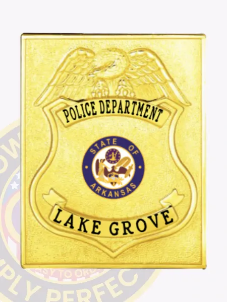 Custom-made square gold metal badge for Lake Grove police department, showcasing a gold eagle above the shield, bold black lettering on top and bottom banners reading "POLICE DEPARTMENT" and "LAKE GROVE," with a blue and gold Arkansas state seal centered, held in place by a safety pin.