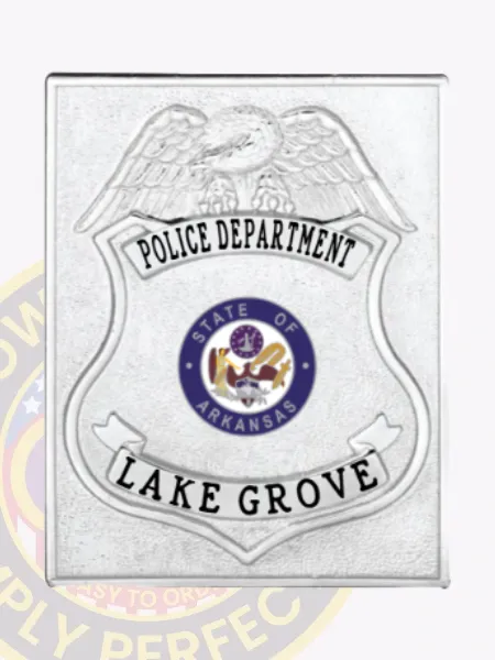 Custom-made silver square metal badge for Lake Grove police department, showcasing a detailed silver eagle above the shield, black text reading "POLICE DEPARTMENT" and "LAKE GROVE" on top and bottom banners, with a blue and gold Arkansas state seal centered, held in place by a safety pin.