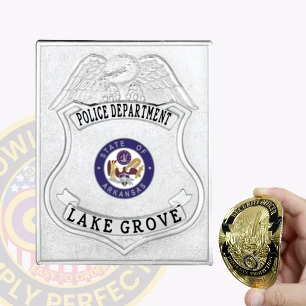 Lake Grove police custom silver flex badge in a square format, featuring a silver eagle atop the shield outline, black text banners for "POLICE DEPARTMENT" and "LAKE GROVE," and a central circular Arkansas state emblem in blue and white, fastened with velcro.