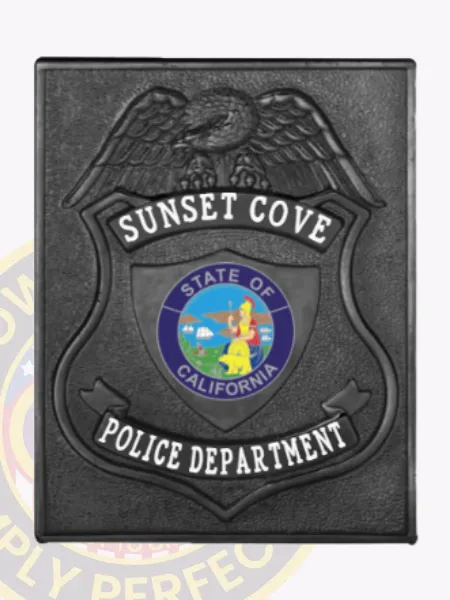 Black square metal badge designed for Sunset Cove police, showing a raised eagle emblem above a central shield containing the vibrant California state seal, with curved black ribbons displaying "Sunset Cove" and "Police Department" in white lettering; equipped with a safety pin fastener.