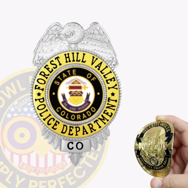 Custom silver eagle top flex badge with gold panels for Forest Hill Valley police, featuring a detailed silver eagle at the top, a gold circular panel with black text "FOREST HILL VALLEY POLICE DEPARTMENT" surrounding the Colorado state seal in the center, and a silver panel with "CO" at the bottom, designed with a Velcro attachment.
