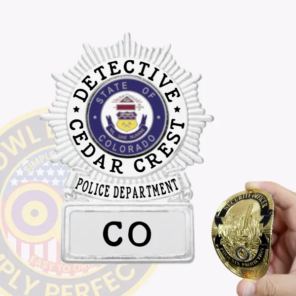 Detailed custom silver circle starburst flex badge for Cedar Crest Police detective, highlighted by a shining silver starburst around the blue and multicolor Colorado state seal, black text encircling it, a white banner below, and a clear square base labeled "CO"; equipped with velcro backing.