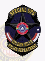 Black metal shield badge for Golden Hills Police Special Ops, showcasing a prominent 5-point star encircling the Texas state seal, with “Special Ops” text on top and department name below, attached by a safety pin.
