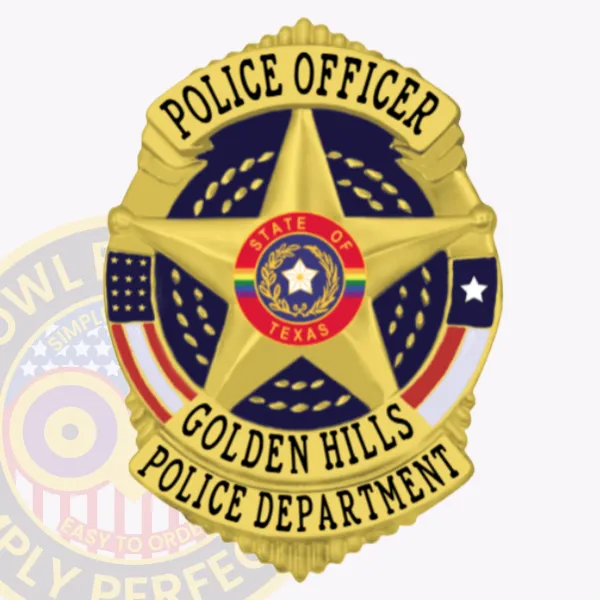 Custom metal badge in gold shield design for Golden Hills Police Officer, featuring a bold 5-point star and Texas state seal in the center, with “Police Officer” text on top and department name below, fastened with a safety pin.