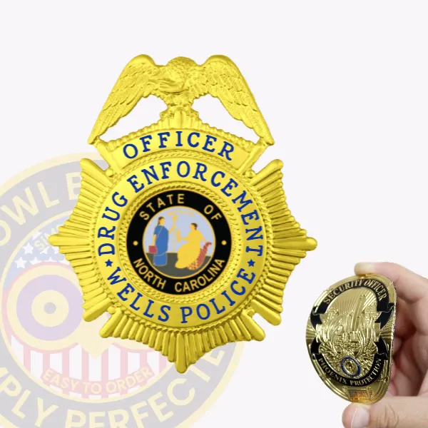 Custom gold circle starburst flex badge with eagle on top for Wells police drug enforcement, featuring a detailed gold eagle perched above a starburst design, blue text reading "Officer," "Drug Enforcement," and "Wells Police" encircling the colorful State of North Carolina seal in the center, with velcro attachment.