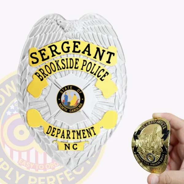 An elegant portrayal of a custom flex badge in silver with gold panels, featuring "SERGEANT" prominently displayed. The badge also includes "BROOKSIDE POLICE," the state seal of North Carolina, and identifies as part of the department with "NC" below. The velcro attachment is visible, showcasing its functionality.