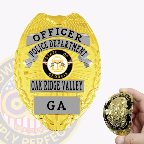 This striking image presents a custom flex badge in gold, adorned with silver panels. It showcases the title "OFFICER," the state seal of Georgia, and the designation "OAK RIDGE VALLEY," along with "GA." The velcro attachment is clearly visible, highlighting its functional design for easy wearing.