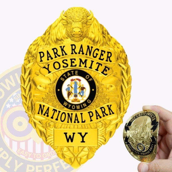A striking custom flex badge with a bison head in gold color with velcro attachment. The badge features the text 'PARK RANGER YOSEMITE NATIONAL PARK WY' prominently displayed, along with the state emblem of Wyoming in the center. The intricate detailing and bold design highlight its authority and uniqueness.