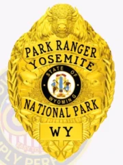 A vibrant custom badge with a bison head in gold color, featuring the text 'PARK RANGER YOSEMITE NATIONAL PARK WY' prominently displayed. The badge includes the state emblem of Wyoming at its center, surrounded by intricate detailing and a decorative border, showcasing its uniqueness and authority.