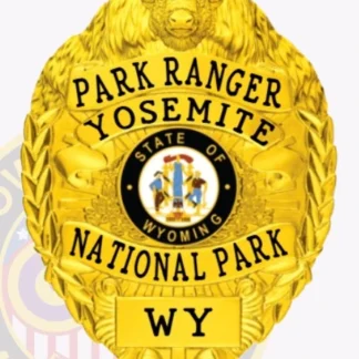 A vibrant custom badge with a bison head in gold color, featuring the text 'PARK RANGER YOSEMITE NATIONAL PARK WY' prominently displayed. The badge includes the state emblem of Wyoming at its center, surrounded by intricate detailing and a decorative border, showcasing its uniqueness and authority.