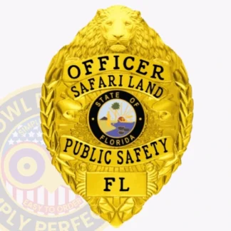 A striking custom metal badge in gold, featuring a lion head at the top, symbolizing authority. The badge prominently displays "OFFICER" and "SAFARI LAND" in bold text. At the center, there is a circular emblem with the phrase "STATE OF FLORIDA" and images representing the location. Below this emblem, the words "PUBLIC SAFETY" are elegantly displayed, with "FL" marked at the bottom. The intricate details and design make this badge a distinguished representation of law enforcement.