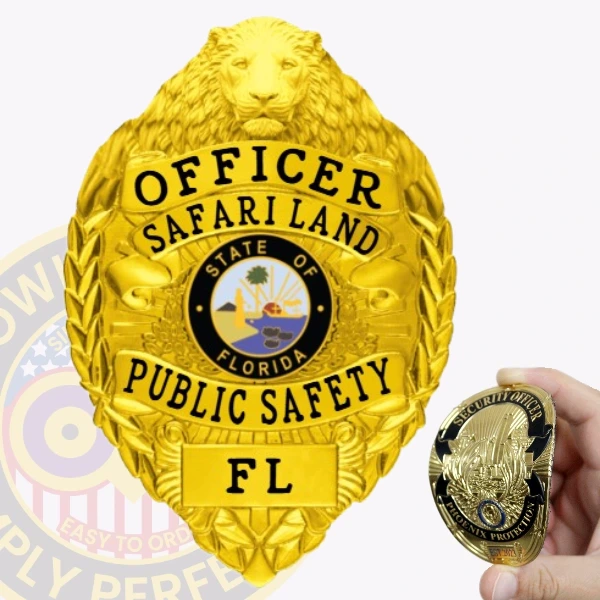 A custom flex badge in gold featuring a prominent lion head at the top, symbolizing strength and authority. The badge displays the words "OFFICER" and "SAFARI LAND" in bold lettering. In the center, there is a circular emblem with the phrase "STATE OF FLORIDA" surrounded by images representing the location. Below this emblem, "PUBLIC SAFETY" is elegantly displayed, along with "FL" at the bottom. Next to the badge, a hand holds a smaller security badge, highlighting the design's versatility and quality in personalized badges.