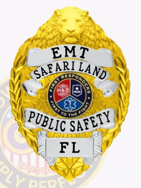 A vibrant custom metal badge in gold featuring silver panels and a lion head at the top, symbolizing authority. The badge prominently displays "EMT" and "SAFARI LAND" in an elegant arc. At the center, a circular emblem includes symbols for fire and medical services, surrounded by the text "FIRST RESPONDERS" and "TO THE FIGHT." Below, the words "PUBLIC SAFETY" are featured on a banner, with "FL" marked at the bottom. The intricate detailing makes this badge a distinguished representation of emergency services.